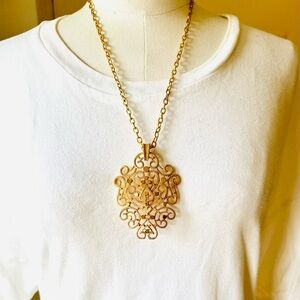 Trifari 1960’s Scroll Filigree Shield Pendant Necklace.